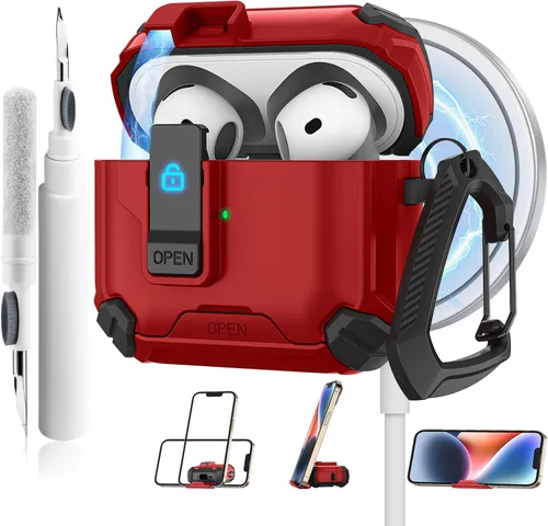 Miniatura 10 de Meliya Funda para AirPods 4, viene con soporte para teléfono y función MagSafe, funda rígida de protección completa automática emergente con bloqueo