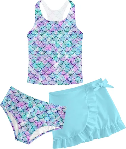 Miniatura 7 de Traje de baño tankini de 3 piezas para niñas, lindo bikini con salida de baño con falda de playa de 5 a 16 años