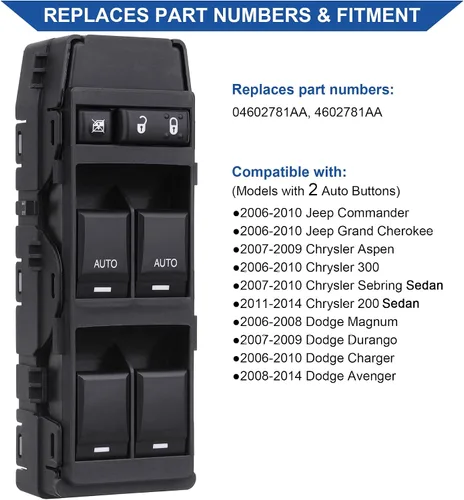 Miniatura 2 de Obaee Interruptor eléctrico de ventana compatible con Jeep Commander/Grand Cherokee 2006-2010, Chrysler Aspen/Chrysler 200/300/Sebring, Dodge
