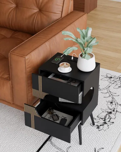 Miniatura 8 de JOONEE Mesita de noche negra con estación de carga y luces LED, moderna mesita de noche con 2 cajones de almacenamiento, mesita de noche con patas
