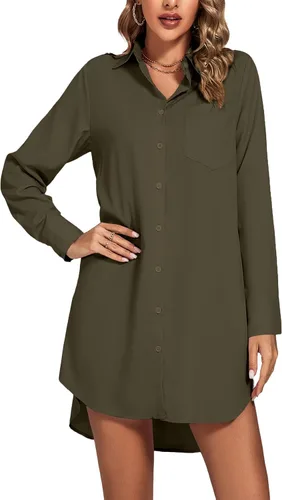 Miniatura 5 de LYANER Vestido camisero para mujer con cuello en V, botones, manga larga y dobladillo curvado