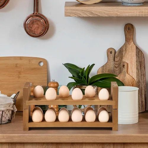 Miniatura 7 de Sishynio Bandeja de huevos de doble capa para encimera, cesta de almacenamiento apilable de madera para huevos, organizador de huevos de 2 niveles