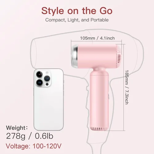 Miniatura 2 de Webeauty - Mini secador de pelo con difusor, motor de alta velocidad de 110,000 RPM, protección de iones negativos de 656.2 ft, ajustes de 3 Rosa