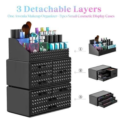 Miniatura 2 de Paquete de 3 organizadores de maquillaje apilables [actualizados], estuches de almacenamiento de cosméticos acrílicos con 8 cajones organizadores