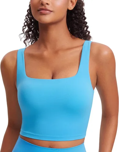 Miniatura 44 de CRZ YOGA Butterluxe Brasier deportivo de cuello cuadrado para mujer, estilo camiseta corta sin mangas, acolchado con soporte integrado para yoga