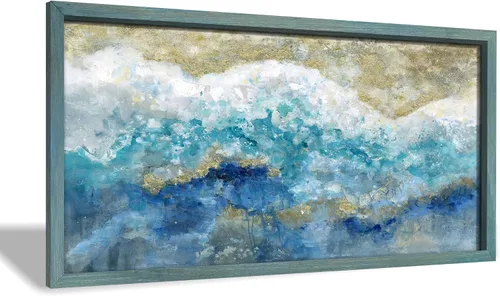 Pintura abstracta para pared, tema oceánico azul y verde azulado con detalles dorados para decoración de sala de estar, oficina, 24 x 12 pulgadas