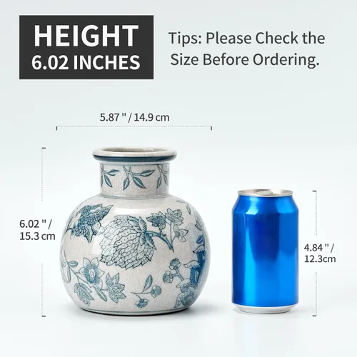 Miniatura 3 de SIDUCAL Jarrón Vintage Azul y Blanco Cerámica Chinoiserie Floral de 6 Pulgadas Jarrón Retro de Porcelana Azul y Blanca con Efecto Agrietado
