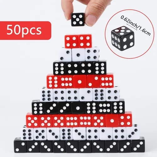 Miniatura 2 de Juego de 50 dados estándar de 0.63 pulgadas con acrílico negro, blanco, rojo, 6 caras, a granel, dados de casino para fiestas temáticas de casino