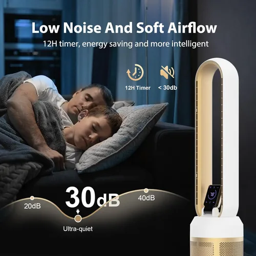 Miniatura 8 de Ventilador sin aspas de 38 pulgadas para dormitorio, ventilador de torre silencioso con control remoto y pantalla táctil LED grande, 24 velocidades