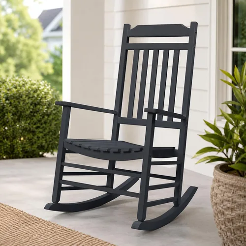 Miniatura 11 de Kozyard Mecedora de madera, silla mecedora de madera maciza para exteriores con respaldo alto y asiento de listones, mecedora ergonómica