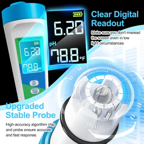 Miniatura 4 de KingSom Probador de sal de piscina,Probador digital de piscina de agua salada y probador de pH para acuario,Probador de salinidad digital de alta