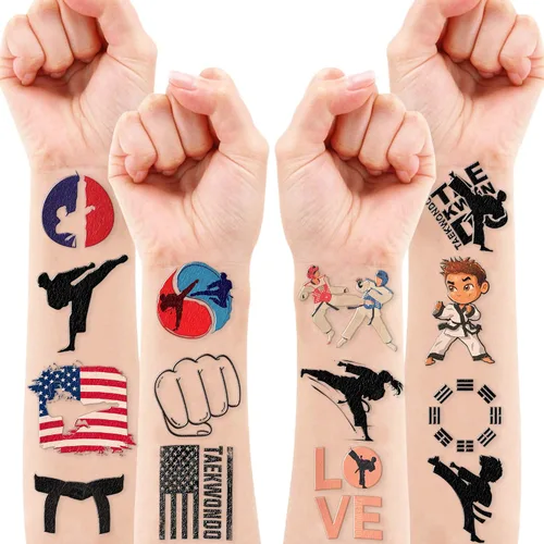 Miniatura 8 de 96 tatuajes temporales precortados de Taekwondo - Recuerdos de fiesta temática de karate y kung fu, lindos tatuajes falsos para niños, niños