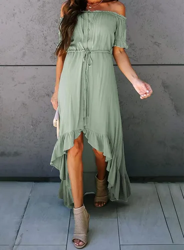 Miniatura 4 de Happy Sailed - Vestido largo casual con hombros descubiertos para mujer manga corta dobladillo irregular con volantes para dama de honor fiesta