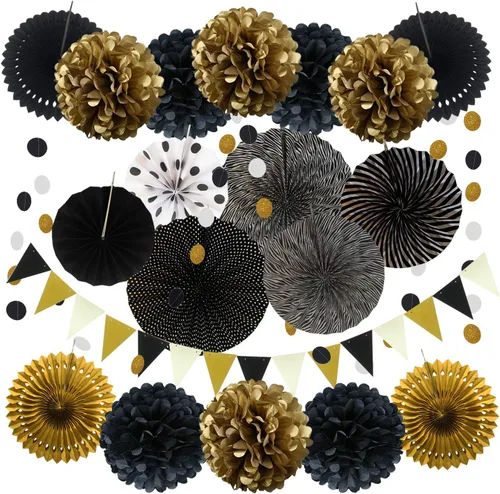 Zerodeco - Decoración de fiesta, 21 piezas de abanicos de papel, pompones flores, tiras de cuerdas de lunares y banderines triangulares