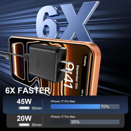 Miniatura 3 de Cargador para iPhone 17 16 Pro Max de carga rápida, 45W USB C Cargador súper rápido bloque con cable de carga tipo C de 3.05m para iPhone 17 Pro