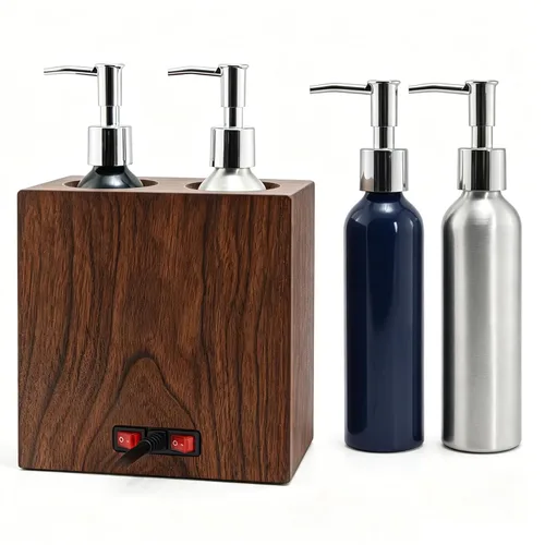Elitzia Calentador de aceite de masaje de madera de nogal, control de calefacción independiente de doble botella con 4 botellas de bomba de aceite