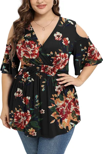 TIANZHU Camisetas de talla grande para mujer, sexy, con cintura imperio, camisas de manga corta con detalle de hombros descubiertos