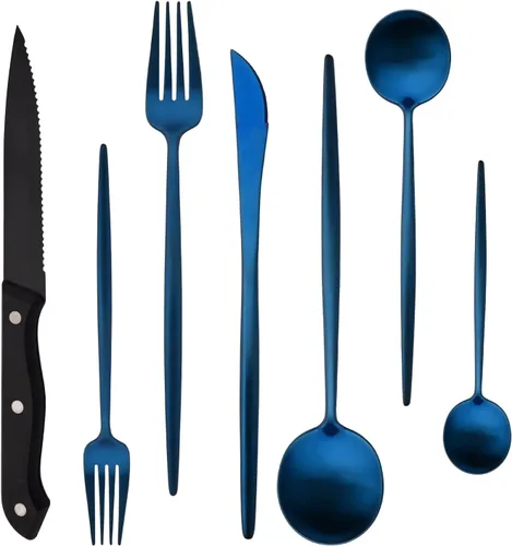 Miniatura 13 de Juego de cubiertos de 28 piezas con cuchillos para carne, cubiertos de acero inoxidable 18/8, juego de cubiertos modernos para 4 tenedores