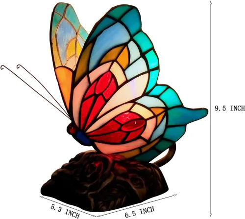 Miniatura 8 de Pequeña lámpara de mesa Tiffany de vidrio manchado Lámpara de escritorio de mariposa de 7X5X9.8 pulgadas Luz de acento antigua
