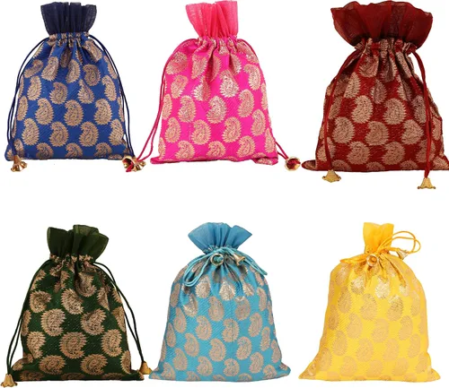 Miniatura 8 de Touchstone Bolsas con cordón de tela tradicional india, hechas a mano, perfectas para regalos, joyas, bodas, bolsas, bolsas, Potli, -Mimosa