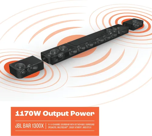 Miniatura 6 de JBL Bar 1300X: Barra de sonido de 11.1.4 canales con altavoces envolventes desmontables, MultiBeam™, Dolby Atmos® y DTS:X®, color negro
