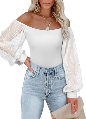 Miniatura 2 de PINKMSTYLE Body de manga larga con cuello cuadrado para mujer, con lunares, traslúcido, básico