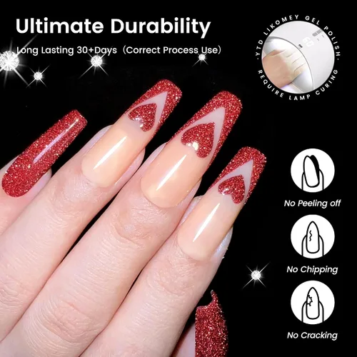 Miniatura 2 de YTD Likomey Esmalte de uñas de gel con purpurina reflectante, 15ml, esmalte de uñas de diamante brillante color rojo, uñas brillantes y brillantes