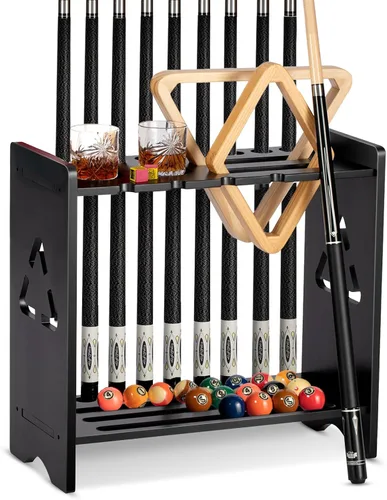 Soporte para tacos de billar - Soporte de pie para mesa de billar de madera maciza de roble con capacidad para 9 tacos y organizador de accesorios