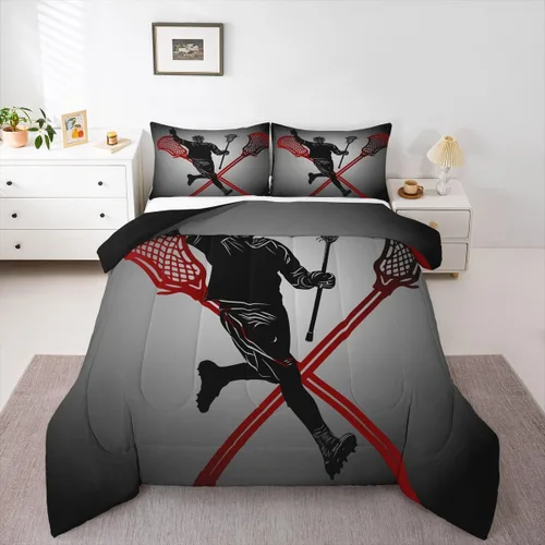 Miniatura 17 de Lacrosse - Juego de edredón de juegos deportivos para niños y niñas, jugadores de hockey, relleno de edredón ligero de hockey negro con llama
