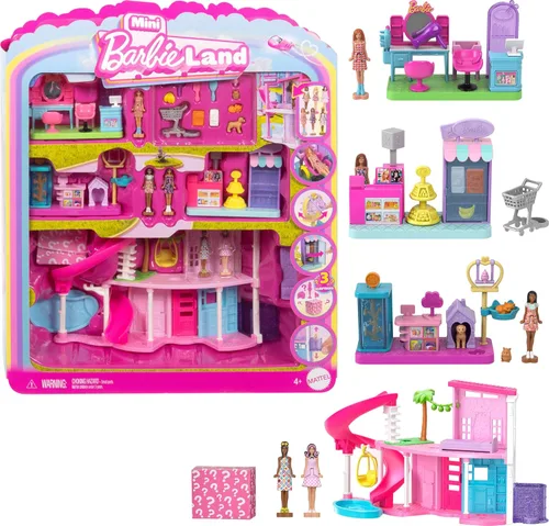 Barbie Mini Land DreamHouse y 3 juegos con 4 muñecas de 1.5 pulgadas, muebles y accesorios para casa de muñecas, incluye boutique de mascotas,