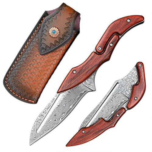 Miniatura 10 de SD604A Cuchillo plegable de Damasco VG10, de bolsillo, mango de sandía amarilla, con cerradura mecánica, para camping al aire libre y supervivencia