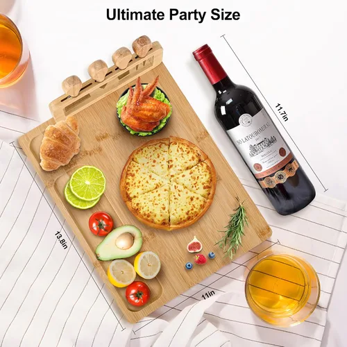 Miniatura 2 de Juego de tabla de queso de bambú y cuchillos, juego de tablas grandes de charcutería de 14 x 11 pulgadas, bandeja de queso con soporte