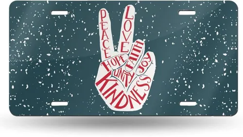 Placa de Matrícula Delantera de Aluminio Retro de Dos Dedos Paz Amor Alegría, Placas de Matrícula Decorativas Divertidas de Metal para Carro 6"X12",