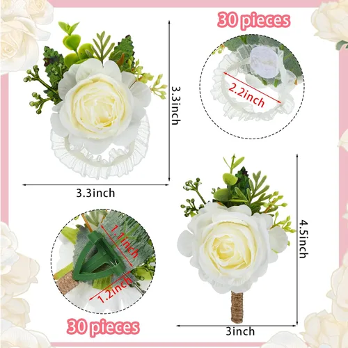 Miniatura 3 de Sherr Juego de 60 piezas de ramillete de rosas y boutonniere, rosa marfil, pulsera de flores para novia, dama de honor, ramillete para novio