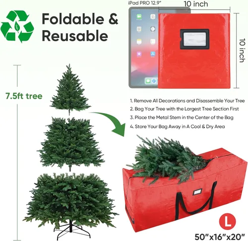 Miniatura 3 de BALEINE - Bolsa para guardar el árbol de Navidad de 7.5 pies, bolsa extra grande de alta resistencia para árbol de Navidad artificial con asas Rojo