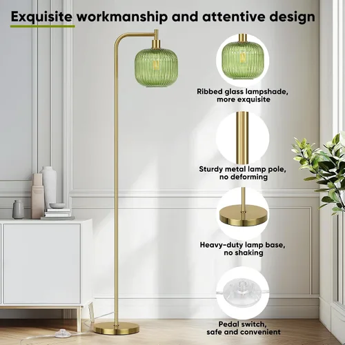 Miniatura 7 de QiMH Lámpara de pie de cristal para sala de estar, lámpara de pie moderna con pantalla de vidrio acanalado e interruptor de pedal, lámpara de 67
