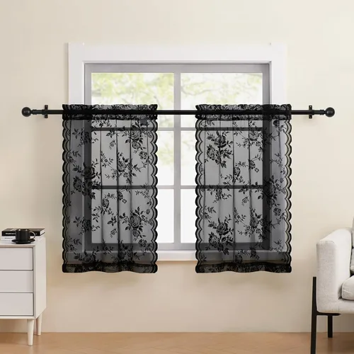 Miniatura 37 de SEEKRIGHT - 2 paneles de cortinas traslúcidas de encaje negro, cortinas góticas florales, cortinas victorianas con bolsillo para cortinero