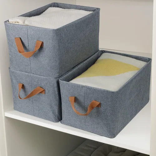 Miniatura 5 de 4 cubos de almacenamiento de tela, cestas de organización para estantes, organizador de armario de lino de 15 pulgadas con asas, marco de metal