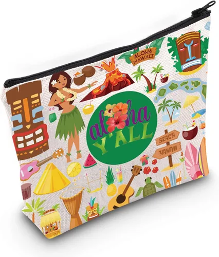 LEVLO Aloha Hawaii - Bolsa de maquillaje para cosméticos, regalo de viaje, bolsa con cremallera para guitarra de playa, regalo de fiesta hawaiana,