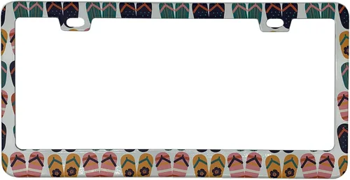 Miniatura 9 de Marco de placa de matrícula con hojas de palma, color rosa y azul, estilo bohemio, con temática hawaiana tropical, de acero inoxidable