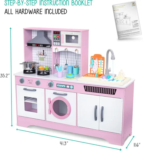 Miniatura 6 de Lil' Jumbl Cocina de madera para niños con fregadero de agua corriente real, juego de cocina interactivo con microondas, estufa, luces y sonidos Rosa