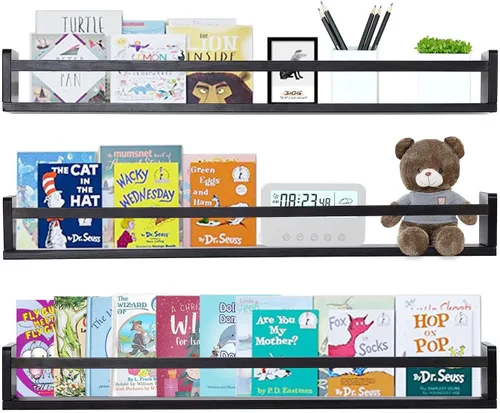 Miniatura 9 de AZSKY Estantes clásicos para libros de guardería, estantes flotantes de madera negra, estantería de pared para decoración de baño, cocina, especias