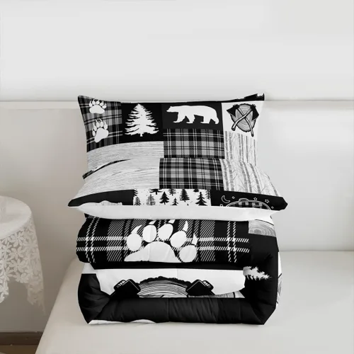 Miniatura 147 de Juego de edredón de cuernos de ciervo tamaño individual, juego de ropa de cama rústica de granja con huellas de oso y pinos para decoración