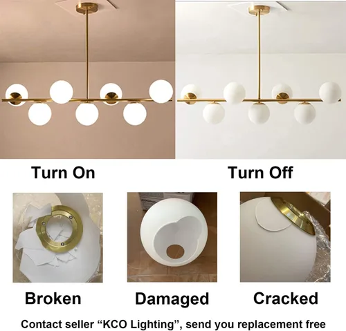 Miniatura 6 de KCO Iluminación Moderna Candelabro Colgante Lineal de Latón con 7 Luces de Cristal Dorado y Blanco, Iluminación Colgante Globo de Mediados de Siglo