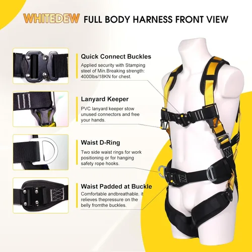 Miniatura 2 de Arnés de seguridad de protección contra caídas premium WHITEDEW con cordón de absorción de golpes, hombros ventilados y acolchados, piernas