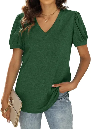 Miniatura 2 de WIHOLL - Blusas de verano para mujer con cuello en V y mangas abullonadas camisetas de moda casual