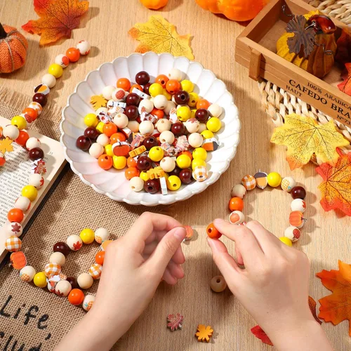 Miniatura 3 de Huwena 200 cuentas de madera de Acción de Gracias, calabaza, hoja de arce, espaciador redondo colorido suelto para Acción de Gracias, cuentas