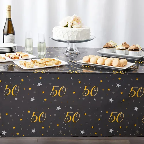 Miniatura 3 de Juvale Manteles de 50 cumpleaños – Paquete de 3, 54 x 108 pulgadas, negro y dorado, decoraciones de cumpleaños 50 para hombres y decoraciones