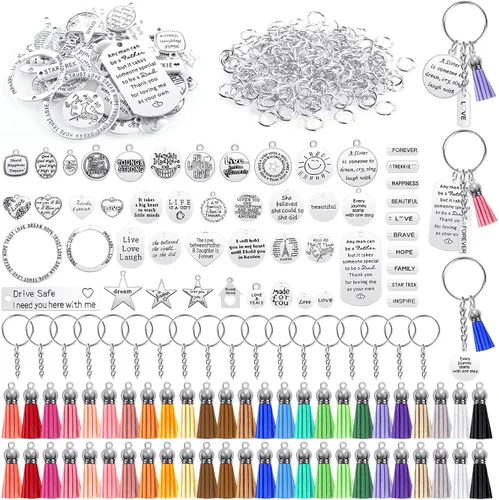 Audab Juego de 350 Piezas de Accesorios de Llaveros Motivacionales con 50 Dijes de Palabras Inspiradoras Grabadas, 50 Borlas de Llavero de Cuero, 50