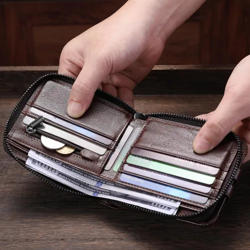 Miniatura 110 de LUKZIJAES Billetera de cuero genuino para hombre, con bloqueo RFID, delgada, plegable, bolsillo frontal, #3-Café, Vintage